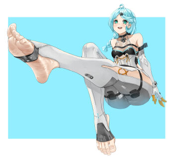 Rule 34 | 1girl, ass, bare shoulders, blue background, blue eyes, blue hair, blush, breasts, clothing cutout, commentary request, detached sleeves, eiji (eiji), feet, flower hairpin, foot focus, gloves, hair ornament, hairpin, highres, invisible chair, latex pants, long hair, looking at viewer, medium breasts, open mouth, see-through dress layer, seed (zenless zone zero), side cutout, sitting, soles, solo, stirrup legwear, thigh cutout, toeless legwear, toes, white gloves, zenless zone zero