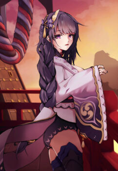 1girl ass blunt_bangs blurry blush braid breasts bridal_gauntlets cloud cloudy_sky commentary_request depth_of_field fan_hair_ornament from_side genshin_impact gradient_sky hair_ornament highres huge_ass huge_breasts japanese_clothes kimono korean_commentary lingerie long_braid long_hair long_sleeves looking_at_viewer looking_to_the_side mitsudomoe_(shape) mole mole_under_eye neck_ribbon off_shoulder open_mouth orange_sky oruoroo purple_eyes purple_hair purple_kimono raiden_shogun red_ribbon red_sash ribbon sash single_braid sky solo standing sunset thighhighs tomoe_(symbol) underwear upper_body wide_sleeves