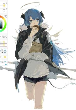 1girl arknights art_program_in_frame bag black_horns black_jacket black_shorts blue_eyes blue_hair cropped_legs donut food fur_trim grey_halo halo holding holding_donut holding_food horns jacket long_sleeves looking_to_the_side mostima_(arknights) nininikal open_clothes open_jacket paper_bag shirt shorts solo tail traditional_halo unfinished white_shirt