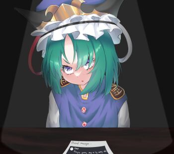 1girl alternate_eye_color angry black_background black_hat blue_hat blue_vest buttons commentary discord english_commentary english_text epaulettes flat_chest frilled_hat frills gazter green_hair hair_between_eyes hat highres interrogation looking_at_viewer open_mouth parted_bangs purple_eyes shiki_eiki shirt short_hair solo spotlight table touhou upper_body v-shaped_eyebrows vest white_shirt
