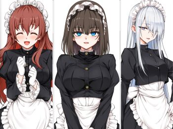 3girls apron black_jacket black_skirt blazer blue_eyes blush breasts brown_hair character_request closed_eyes cropped_jacket dot_nose female_focus gloves grey_eyes grey_hair hair_over_one_eye hand_on_own_hip highres jacket juliet_sleeves karen_(kyokucho) kyokucho large_breasts long_hair long_sleeves looking_at_viewer maid maid_apron maid_headdress maid_kyouiku_botsuraku_kizoku_rurikawa_tsubaki medium_breasts medium_hair medium_skirt multiple_girls official_art open_mouth puffy_long_sleeves puffy_sleeves red_hair rurikawa_tsubaki shirt shirt_under_jacket simple_background skirt smile white_apron white_background white_gloves white_headdress white_shirt