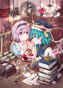 4girls bird book book_stack bookmark cat chinese_text commentary_request desk eyeball frilled_hat frills green_eyes green_hair hair_bobbles hair_ornament hairband hat heart heart_of_string highres incense_burner kaenbyou_rin kaenbyou_rin_(cat) kitsune_maru komeiji_koishi komeiji_satori multiple_girls nib_pen_(object) onozuka_komachi paper paper_stack pen pink_eyes pink_hair railing red_hair reiuji_utsuho reiuji_utsuho_(bird) rod_of_remorse scroll shiki_eiki sign third_eye touhou vest