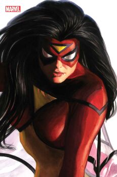 1girl absurdres alex_ross black_hair bodysuit comic_cover company_name cover cover_page highres jessica_drew long_hair looking_at_viewer marvel mask multicolored_bodysuit no_pupils official_art realistic red_bodysuit red_lips solo spider-man_(series) spider-woman superhero_costume upper_body western_comics_(style) white_background yellow_bodysuit