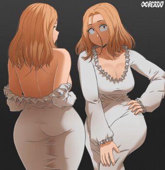 1girl absurdres alternate_costume artist_name back blonde_hair breasts brown_eyes cleavage daimus_raw dress female_focus hair_between_eyes highres large_breasts looking_at_viewer multiple_views utsushimi_kemii watermark white_dress