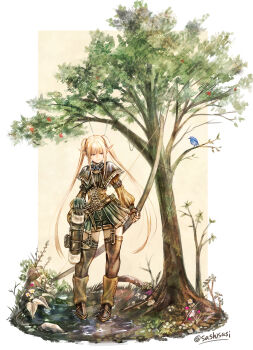 1girl arrow_(projectile) bird black_capelet black_shirt black_shorts black_thighhighs blonde_hair blue_eyes blue_ribbon boots border bow_(weapon) capelet closed_mouth commentary_request corset cross-laced_clothes cross-laced_corset diorama elf fingerless_gloves flower garter_straps gloves grass highres holding holding_bow_(weapon) holding_weapon long_hair long_sleeves neck_ribbon original outside_border pointy_ears puffy_sleeves quiver ribbon rock shirt shorts sidelocks sushi_(sashimise) thighhighs tree twintails twitter_username very_long_hair water weapon white_border yellow_background