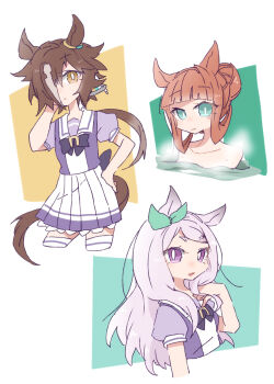 Rule 34 | 3girls, animal ears, arm behind head, beer hsk, bow, brown eyes, brown hair, closed mouth, collarbone, commentary request, cropped legs, cropped torso, green eyes, grey hair, hair bun, hair over one eye, hand up, highres, horse ears, horse girl, horse tail, long hair, low ponytail, mejiro mcqueen (umamusume), multicolored hair, multiple girls, nude, partially submerged, pleated skirt, ponytail, puffy short sleeves, puffy sleeves, purple bow, purple eyes, purple hair, purple shirt, school uniform, shirt, short sleeves, silence suzuka (umamusume), skirt, smile, tail, thighhighs, tracen school uniform, two-tone hair, umamusume, very long hair, vodka (umamusume), water, white background, white skirt, white thighhighs