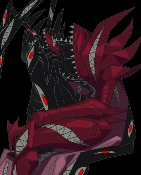 abbadomon abbadomon_core black_background black_skin colored_skin confeito000_333 digimon digimon_(creature) extra_eyes extra_mouth invisible_chair multicolored_skin red_eyes red_skin sharp_teeth simple_background sitting teeth two-tone_skin