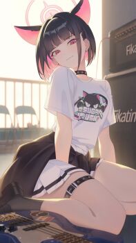 1girl absurdres animal_ears atokani audio_cable bass_guitar belt black_choker black_hair black_jacket black_shoes blue_archive blush cat_ears choker clothes_around_waist colored_inner_animal_ears colored_inner_hair commentary earrings english_commentary extra_ears fender_jazz_bass halo highres instrument jacket jacket_around_waist jewelry kazusa_(band)_(blue_archive) kazusa_(blue_archive) multicolored_hair official_alternate_costume pink_eyes pink_hair pink_halo print_shirt shirt shoes short_hair skirt socks speaker stud_earrings thigh_belt thigh_strap two-tone_hair white_skirt