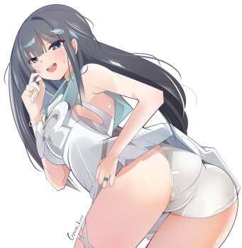 1girl alternate_costume artist_name ass bare_shoulders black_hair blush breasts cameltoe come_hither dress from_behind from_below gaon-kun goddess_of_victory:_nikke green_eyes hair_ornament hairclip leaning leaning_forward long_hair looking_at_viewer mint_(fresh_mint)_(nikke) mint_(nikke) naughty_face official_alternate_costume open_mouth panties short_dress smile solo underwear upskirt very_long_hair