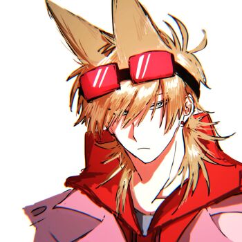 1boy alternate_costume animification antenna_hair brown_hair commentary_request drawstring eddsworld flipped_hair goggles goggles_on_head goma_(gomaaa_86) hair_ears highres hood hood_down hoodie jacket looking_at_viewer male_focus open_clothes open_jacket pink_jacket plain_epaulettes portrait red_hoodie short_hair simple_background solo tord_(eddsworld) white_background