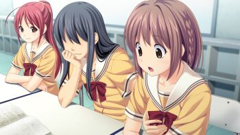 10s 2girls black_hair brown_eyes brown_hair crossdressing crossdressing_(ftm) game_cg grabbing_another's_breast groping highres kitami_minamo koigakubo_chihaya koutaro long_hair multiple_girls ponytail protagonist_(tropical_vacation) red_hair short_hair smile table trap tropical_kiss tropical_vacation twinkle_(company)
