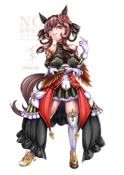 animal_ears braid braided_hair_rings breasts brown_hair chiacky corset detached_sleeves dress ear_covers ear_ornament gentildonna_(regina_dei_fiori)_(umamusume) gentildonna_(umamusume) gloves hair_between_eyes hair_ornament hair_rings heart-shaped_ornament heart_ear_ornament highres horse_ears horse_girl horse_tail large_breasts looking_at_viewer red_corset red_eyes see-through_cleavage see-through_clothes single_ear_cover smile tail umamusume white_gloves