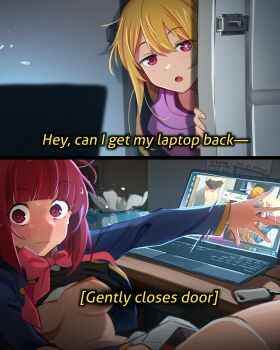 absurdres arima_kana blush bob_cut bottomless breasts breasts_out caught_masturbating chair clothes_lift computer female_masturbation fingering highres hoshino_ruby khyle. laptop masturbation navel nipples oshi_no_ko panties pussy red_eyes red_hair ribbon shirt shirt_lift skirt skirt_lift small_breasts spread_legs sweat table tissue_box trembling underwear wet