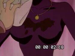 1990s_(style) 1boy 1girl animated anime_screenshot blush bouncing_breasts breasts collarbone earrings golden_boy grabbing_another&#039;s_breast groping jewelry large_breasts lips lipstick long_sleeves makeup necklace onna_producer ooe_kintarou open_mouth purple_shirt retro_artstyle shirt sound subtitled tagme video wet wet_clothes