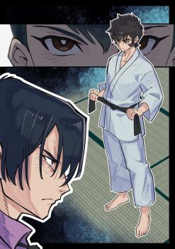 Rule 34 | 3boys, adjusting belt, barefoot, belt, black belt, black hair, brown eyes, commentary request, dougi, frown, full body, getter robo, getter robo devolution, gou saotome, green hair, hanahiyo (hoimin), highres, jin hayato, karate gi, male focus, martial arts belt, multiple boys, nagare ryoma, profile, short hair, sideburns, tatami, v-shaped eyebrows