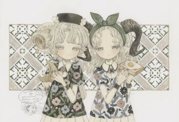 Rule 34 | 2girls, acrylic paint (medium), black horns, blonde hair, blue dress, blue eyes, blush, bow, bracelet, bread, bread slice, brooch, brown horns, collared dress, commentary, croissant, curly hair, curved horns, dress, english text, expressionless, floral dress, floral print, flower, food, fried egg, green dress, hair bow, half-closed eyes, hat, headband, highres, holding, holding food, horns, instagram logo, instagram username, jewelry, karintoun, looking at viewer, medium hair, multiple girls, nail polish, original, painting (medium), pale skin, parted bangs, patterned background, patterned clothing, peter pan collar, poppy (flower), postmark, ribbon, short sleeves, siblings, signature, standing, straight-on, toast, traditional media, twins, twitter username, twitter x logo, upper body, watercolor (medium), watermark, wavy hair