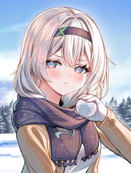 1girl :t alternate_costume aqua_eyes black_hairband black_scarf blush closed_mouth commentary_request devl_ga_aru firefly_(honkai:_star_rail) gloves gradient_hair green_hair grey_hair hair_intakes hairband highres holding holding_snowball honkai:_star_rail honkai_(series) long_hair long_sleeves looking_at_viewer multicolored_hair pout scarf snowball solo upper_body white_gloves