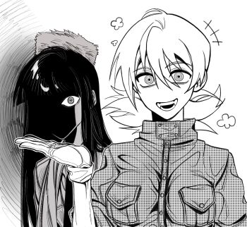 2girls alucard_(hellsing) black_hair fangs fur_hat girlycard gloves hat hellsing highres long_hair looking_at_viewer monochrome multiple_girls one_eye_covered open_mouth ringed_eyes seras_victoria shaded_face smile white_background zrvxnm