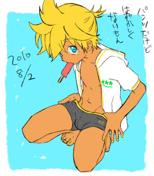 1boy barefoot blonde_hair blue_background border bulge dated food food_in_mouth full_body hood hooded_jacket jacket japanese_text kagamine_len male_focus male_underwear male_underwear_pull nail_polish nipples open_clothes open_jacket ponytail popsicle popsicle_in_mouth pulling_own_clothes short_hair short_ponytail shota solo sweat tan underwear vocaloid white_border yoneda_(datsugoku)