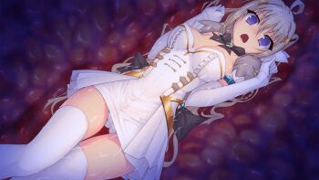 1girl ahoge blonde_hair blue_eyes bow breasts cleavage dress elbow_gloves game_cg genseishinki_sacred_virth gloves grey_hair inside_creature large_breasts large_variant_set long_hair looking_at_viewer lying magical_girl non-web_source official_art on_back open_mouth panties purple_eyes sacred_claire short_dress slime_(substance) solo suggestive_fluid tentacles thigh_gap thighhighs tierna_aeride_throne underwear variant_set vore wet white_dress white_gloves white_panties white_thighhighs yuugure_pairo