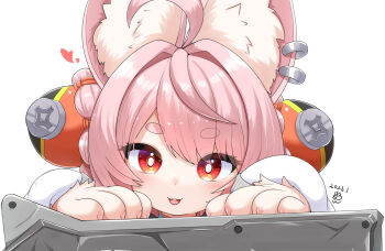 1girl ahoge animal_ear_fluff animal_ear_piercing animal_ears animal_hands bright_pupils commentary_request duplicate furry furry_female hair_ornament heart horokusa_(korai) looking_at_viewer open_mouth pink_hair rabbit_ears rabbit_girl red_eyes simple_background solo sphere_hair_ornament teeth thick_eyebrows upper_teeth_only white_background white_pupils zenless_zone_zero zhao_(zenless_zone_zero)