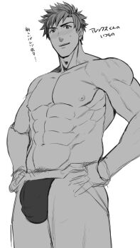 1boy abs blush body_hair bulge crotch hihumi jockstrap male_focus male_underwear monochrome muscular nipples pectorals topless_male smile solo underwear