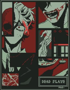 2boys 9aaaalt29 blood blood_on_face blood_on_mouth border commentary copyright_name dead_plate eyes_out_of_frame hand_on_another&#039;s_hand head_out_of_frame highres limited_palette multiple_boys open_mouth pixel_art plate rody_lamoree shadow sharp_teeth short_hair skull sweat symbol-only_commentary teeth very_short_hair vincent_charbonneau