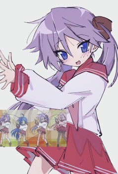1girl anime_screenshot_inset blue_eyes bow brown_bow commentary_request hands_up hiiragi_kagami hiiragi_tsukasa izumi_konata long_hair looking_at_viewer lucky_star miniskirt nari_(bikkii) neckerchief open_mouth pink_neckerchief pleated_skirt purple_hair red_sailor_collar red_skirt reference_inset ryouou_school_uniform sailor_collar sailor_shirt scene_reference school_uniform serafuku shirt simple_background skirt smile solo takara_miyuki tsurime twintails white_background white_shirt