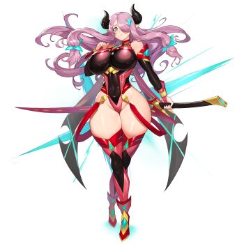 1girl absurdres adapted_costume bare_shoulders blue_eyes breasts bridal_gauntlets cleavage closed_mouth commission core_crystal_(xenoblade) cosplay covered_navel crossed_legs curvy detached_sleeves draph floating_hair full_body gem goat_horns gold_trim granblue_fantasy gurimjang hair_ornament hair_over_one_eye hand_on_own_chest highleg highleg_leotard highres holding holding_sword holding_weapon horns huge_breasts impossible_clothes leotard long_hair looking_at_viewer narmaya_(granblue_fantasy) pink_hair pixiv_commission pointy_ears pyra_(xenoblade) pyra_(xenoblade)_(cosplay) red_footwear red_sash red_thighhighs revealing_clothes sash shiny_clothes simple_background smile solo sword sword_on_back thick_thighs thighhighs thighs warrior weapon weapon_on_back white_background wide_hips xenoblade_chronicles_(series) xenoblade_chronicles_2