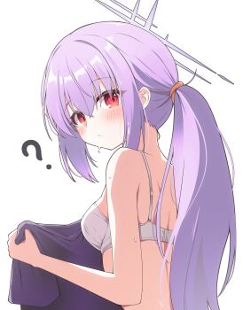 1girl ? absurdres atsuko_(blue_archive) blue_archive blush bra breasts closed_mouth commentary_request hair_between_eyes halo highres holding holding_unworn_clothes long_bangs long_hair looking_at_viewer looking_back no_shirt ponytail purple_hair purple_halo red_eyes shira_jun shirt simple_background small_breasts solo sweat turning_head underwear unworn_shirt upper_body white_background white_bra