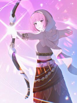 Rule 34 | 1girl, arrow (projectile), beads, belt, blue background, bow (weapon), bracelet, brown eyes, cloak, closed mouth, commentary, cowboy shot, crop top, determined, drawing bow, eyelashes, fighting stance, floating cape, frown, gold bracelet, gradient background, hair beads, hair ornament, hair tubes, hashtag-only commentary, highres, holding, holding arrow, holding bow (weapon), holding weapon, infinity nikki, jewelry, light blush, light particles, lipstick, long skirt, looking ahead, makeup, midriff, multiple bracelets, nikki (nikki), nikki (series), pink background, pink hair, pink lips, purifying wind (infinity nikki), red skirt, rinsmeray, shirt, short hair, skirt, sleeveless, sleeveless shirt, solo, sparkle, two-tone background, weapon, white belt, white cloak, white shirt