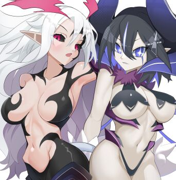 2girls absurdres alternate_costume alternate_eye_color alternate_hair_color arm_behind_another&#039;s_back arm_behind_back arm_behind_head asagiri_asagi bare_shoulders black_hair black_sclera blush breasts cleavage colored_sclera commentary corruption dark_persona demon demon_girl demon_horns disgaea disgaea_rpg highres horns implied_ass_grab implied_yuri large_breasts liezerota liezerota_(disgaea) long_hair looking_at_viewer makai_senki_disgaea_5 midriff multiple_girls navel nippon_ichi octpus official_alternate_color official_alternate_costume official_alternate_eye_color official_alternate_hair_color open_mouth outstretched_arm overlord_asagi pointy_ears possessed possession purple_eyes red_eyes short_hair siblings smile tail thighs trait_connection void_dark_(disgaea) white_background white_hair