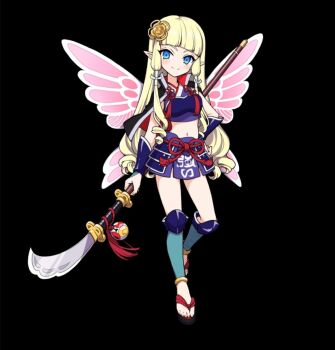 1girl arm_guards black_background blonde_hair blue_eyes blunt_bangs blush breasts closed_mouth crop_top elf full_body geta hair_ornament hakama hakama_short_skirt hakama_skirt hand_on_own_hip highres holding holding_polearm holding_weapon insect_wings japanese_clothes kimono knee_guards long_hair low-tied_sidelocks medium_breasts merc_storia merc_storia_art_team miniskirt minoli_(merc_storia) naginata navel official_art pointy_ears polearm purple_kimono sidelocks simple_background skirt sleeveless sleeveless_kimono smile solo standing tachi-e thighs tsurime very_long_hair weapon wings