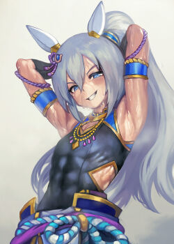 Rule 34 | 1girl, animal ears, armlet, armpits, arms behind head, arms up, bare shoulders, black shirt, blue eyes, clothing cutout, commentary, covered abs, ear covers, english commentary, flat chest, gold trim, grey hair, grin, hair ornament, horse ears, horse girl, jewelry, long hair, looking at viewer, muscular, muscular female, necklace, official alternate costume, ponytail, sash, shirt, side cutout, sleeveless, sleeveless shirt, smile, solo, sweat, tamamo cross (fierce thunder god) (umamusume), tamamo cross (umamusume), umamusume, upper body, yilx