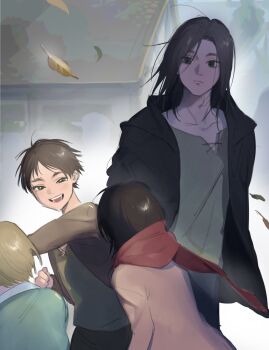 1girl 2boys aged_up armin_arlert black_hair blonde_hair blush brown_jacket closed_mouth eren_yeager flashback green_eyes green_shirt highres jacket kushami_deso leaf long_hair long_sleeves mikasa_ackerman multiple_boys open_mouth pink_jacket red_scarf scarf shingeki_no_kyojin shirt wind