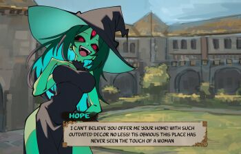 1girl absurdres bare_shoulders basedbinkie black_dress black_hat black_sclera breasts chivalry_starved colored_sclera colored_skin cowboy_shot dress english_text green_hair green_skin hat highres hope_(basedbinkie) large_breasts long_hair looking_at_viewer monster_girl open_mouth pelvic_curtain red_eyes slit_pupils smile solo third_eye user_interface very_long_hair video_game_dialogue_box visual_novel witch_hat