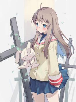 Rule 34 | 1girl, ahoge, akayama yukihe, arm at side, blue eyes, blue skirt, blush, blush stickers, brown hair, clannad, closed mouth, commentary, cowboy shot, cross, english commentary, expressionless, grey background, highres, hikarizaka private high school uniform, holding, holding stuffed toy, jacket, jitome, long hair, long sleeves, miniskirt, miyazawa yukine, pleated skirt, sailor collar, school uniform, serafuku, sidelocks, simple background, skirt, solo, straight hair, stuffed animal, stuffed rabbit, stuffed toy, turtleneck, white sailor collar, yellow jacket