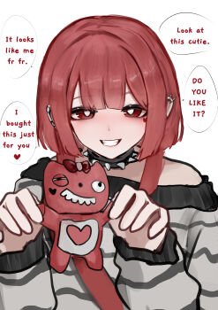1girl absurdres bag blush bow bright_pupils commentary ear_piercing english_commentary english_text fishnets heart highres holding hood hoodie looking_at_viewer original oversized_clothes piercing pov puffumine_(wawamachi) puffy_sleeves red_eyes red_hair shoulder_bag simple_background smile speech_bubble stuffed_toy teeth wawamachi white_pupils