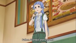 1girl animated belt blue_hair blush brown_eyes kannagi microphone music short_shorts shorts singing skinny sound tagme takenashi_eri video