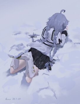 1girl ahoge blue_hair boots coat highres long_hair lying mushoku_tensei on_stomach pamo pleated_skirt roxy_migurdia skirt snow solo twintails very_long_hair