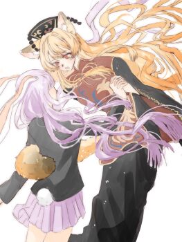 Rule 34 | 2girls, absurdres, animal ear fluff, animal ears, black dress, black hat, black jacket, blazer, blonde hair, cat ears, cat girl, cat tail, chinese commentary, commentary request, crescent print, dalachi (headdress), dot nose, dress, feet out of frame, floating hair, floral print, flower, hair over shoulder, hat, highres, holding hands, interlocked fingers, jacket, junko (touhou), kemonomimi mode, light blush, long dress, long hair, long sleeves, looking at another, loose hair strand, miaoliang01075, miniskirt, multiple girls, neck ribbon, open mouth, pleated skirt, print headwear, print tabard, purple hair, purple skirt, rabbit ears, rabbit girl, rabbit tail, red eyes, red tabard, reisen udongein inaba, ribbon, simple background, skirt, spider lily, tabard, tail, tail around another's waist, touhou, two-sided sleeves, very long hair, wavy hair, white background, wide sleeves, yellow ribbon, yuri