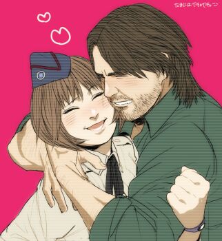 Rule 34 | 1boy, 1girl, bad id, bad pixiv id, blush, bob cut, brown hair, closed eyes, couple, facial hair, garrison cap, hat, heart, hetero, hug, jessica sherawat, parker luciani, resident evil, resident evil: revelations, shitara (kaimetsu joutai), short hair, stubble, watch, wristwatch