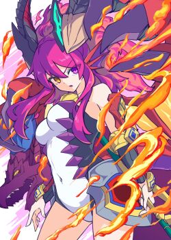Rule 34 | 1girl, bare shoulders, breasts, dragon, dragon girl, dragon horns, heterochromia, highres, horns, kokutei n, leotard, long hair, purple eyes, purple hair, puzzle &amp; dragons, solo, sonia (p&amp;d), tail, white leotard, wings, yellow eyes