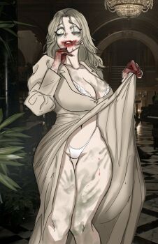 1girl blonde_hair blood blood_on_face blood_on_hand breasts chandelier cleavage clothes_lift collarbone dirt drakinn_art dress dress_lift glowing glowing_eyes handprint indoors knees_together_feet_apart large_breasts lifting_own_clothes lips long_hair panties plant potted_plant resident_evil resident_evil_requiem screenshot_background selena_corey smile solo thick_thighs thigh_gap thighs thong underwear wide-eyed wide_hips yellow_eyes