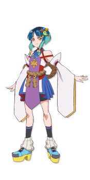 1girl bare_shoulders full_body green_hair hair_ornament highres japanese_clothes kimono low_twintails magatama monster_strike multicolored_hair official_art orange_eyes rope shimenawa skirt socks solo transparent_background twintails two-tone_hair yakumo_(monster_strike)