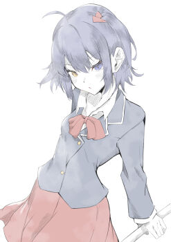 1girl absurdres blazer blue_jacket blush chuunibyou_demo_koi_ga_shitai! commentary gan_jia_shu hair_ribbon heterochromia highres icho_private_high_school_uniform jacket long_sleeves looking_at_viewer medium_hair neck_ribbon open_mouth pleated_skirt purple_eyes purple_hair red_ribbon red_skirt ribbon school_uniform simple_background skirt solo takanashi_rikka white_background winter_uniform yellow_eyes