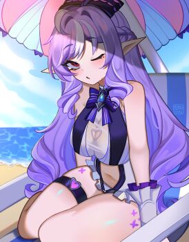 1girl absurdres ahoge artist_name bare_shoulders beach_chair beach_umbrella blue_sky bow bowtie braid breasts casual_one-piece_swimsuit clothing_cutout commentary day english_commentary hair_bow half_up_braid heart_cutout highres large_breasts light_blush long_hair long_pointy_ears looking_at_viewer mizah_(mizah) mole mole_under_eye multicolored_hair navel official_alternate_costume one-piece_swimsuit one_eye_closed open_mouth outdoors parasol pointy_ears purple_bow purple_bowtie purple_hair red_eyes sidelocks sitting sky solo stomach stomach_cutout streaked_hair sweatdrop swimsuit thigh_strap thighs umbrella very_long_hair vivian_banshee vivian_banshee_(iris_of_the_shore) white_one-piece_swimsuit zenless_zone_zero