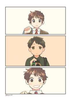3koma :d absurdres aged_down blush brown_eyes brown_hair brown_jacket camera carrying_over_shoulder collared_shirt comic disposable_camera dot_nose flashback green_eyes green_hair green_shirt grin highres holding holding_camera incoming_gift jacket kojiro337 looking_at_viewer necktie open_mouth original parted_bangs red_necktie school_uniform sepia shirt short_hair sidelocks smile straight-on teeth white_shirt