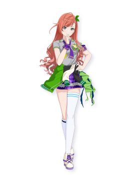 1girl ahoge anime_coloring arisugawa_natsuha arm_scrunchie armband blush breasts clothes_around_waist collared_shirt frilled_skirt frills fukushi_ryouhei full_body green_ribbon grey_eyes grey_shirt hair_ribbon hand_on_own_chin hand_on_own_hip hand_up idolmaster idolmaster_shiny_colors jacket jacket_around_waist large_breasts long_hair looking_at_viewer necktie official_art orange_hair plaid_clothes plaid_skirt pleated_skirt purple_armband purple_necktie purple_scrunchie ribbon scrunchie shirt shoes short_sleeves simple_background single_sock single_thighhigh skirt smile socks solo standing swept_bangs thighhighs transparent_background very_long_hair wavy_hair white_shoes white_socks white_thighhighs