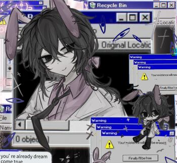 1boy animal_ears black_eyes black_hair black_necktie black_pants bow chibi chinese_commentary closed_mouth collared_shirt commentary_request english_text engrish_text error_message fake_animal_ears hair_between_eyes hair_bow lab_coat long_sleeves male_focus microsoft_windows mo_chengwei mole mole_under_mouth multiple_views necktie open_clothes pants pink_bow pink_shirt rabbit_ears ranguage shirt smile touqi_guaitan window_(computing) windows_95 windows_classic yikeguozi77967